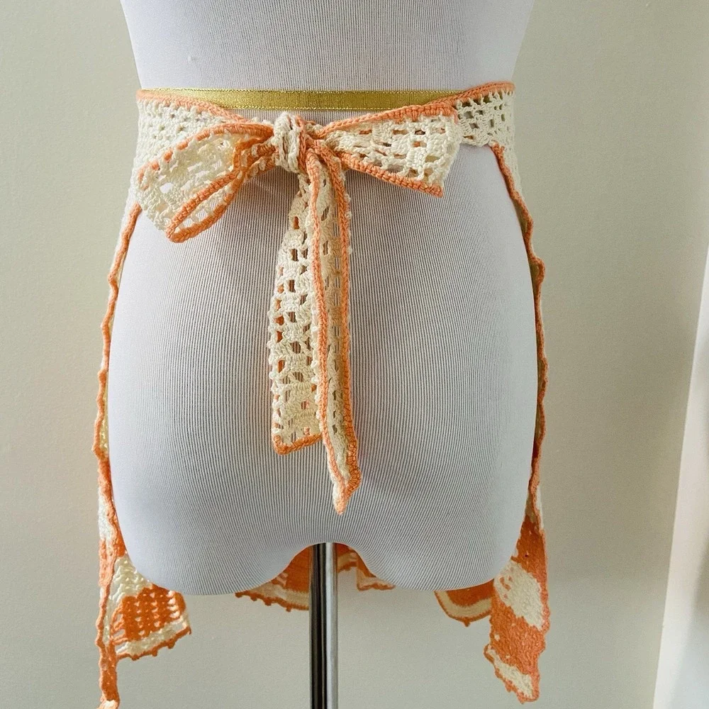 Vintage Orange Cream Floral Crochet Handmade Waist Half Apron Stripes Cafe Diner